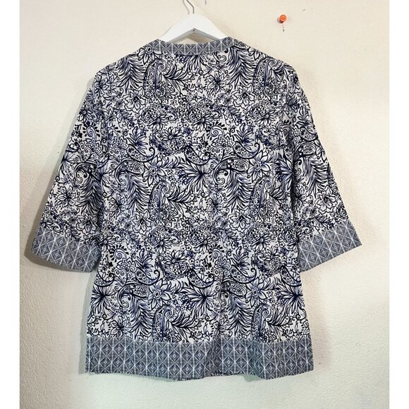 Sigrid Olsen Womens Linen White Blue Floral Tunic Top Small 3/4 Sleeves Casual - Picture 5 of 10